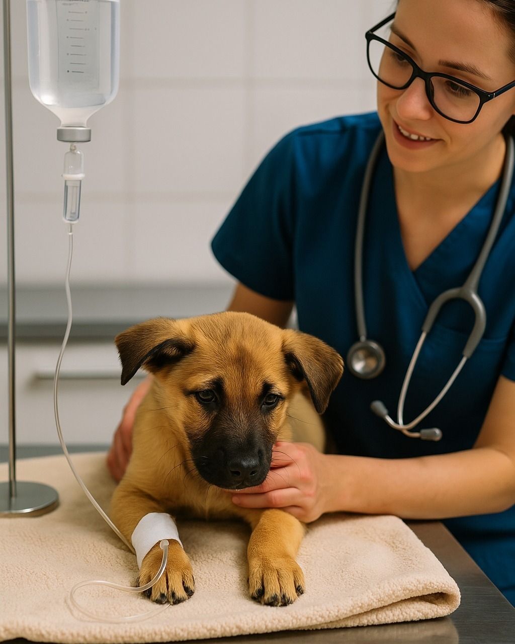 Vet checking a pet on an IV drip