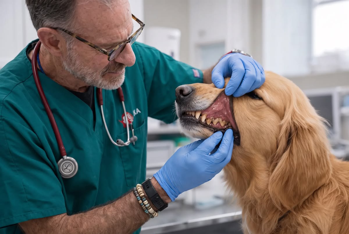 Vet performing triage on a pet