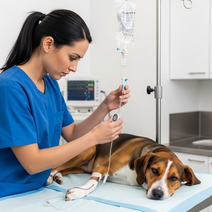 Vet monitoring a dog in the ICU at Vetnaria Pets Hospital
