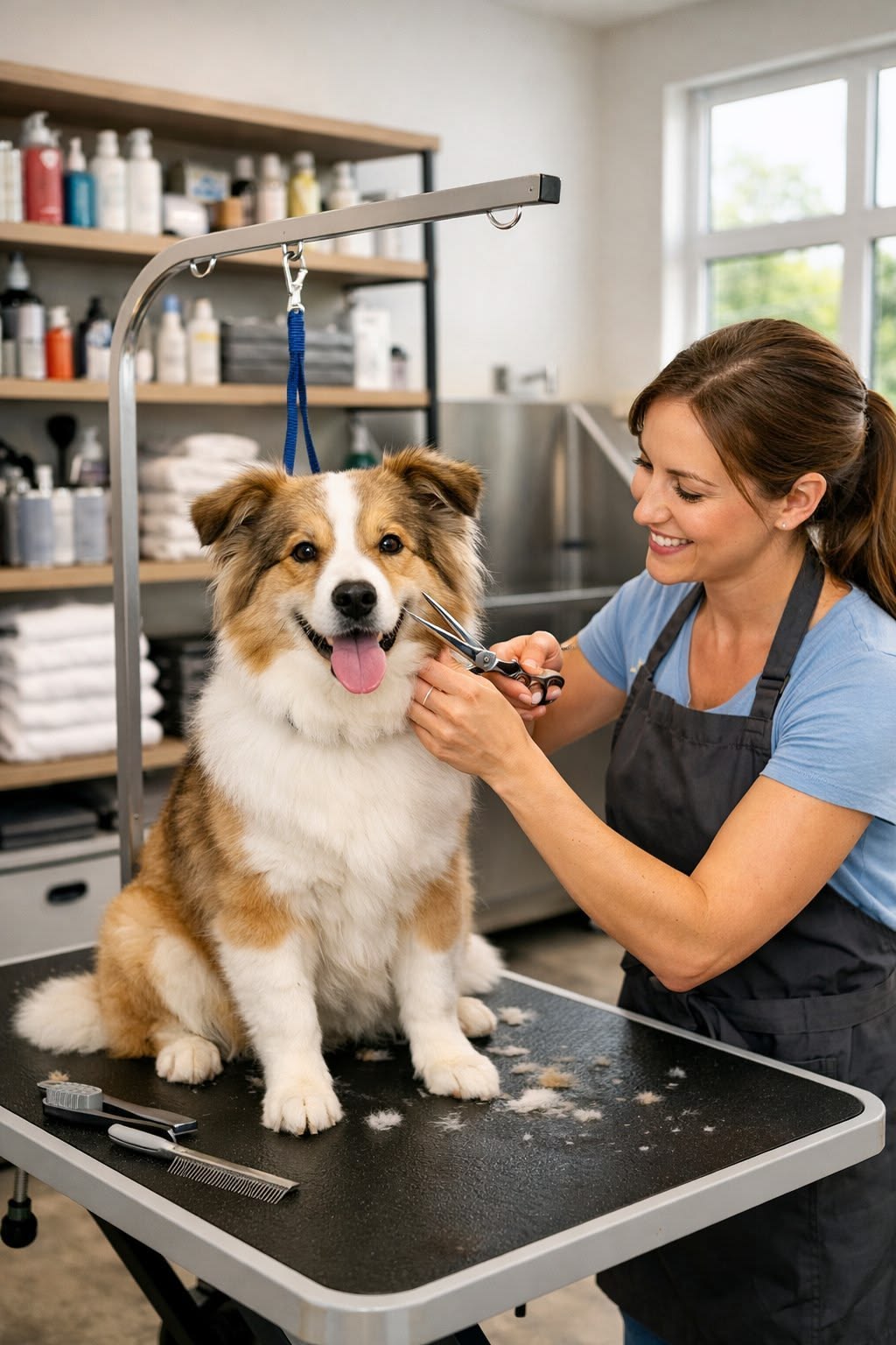 Dog ready for grooming at Vetnaria Pets Hospital