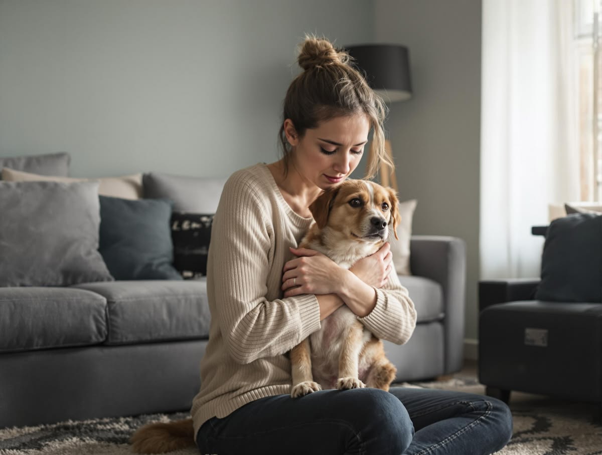 Worried owner holding a sick dog