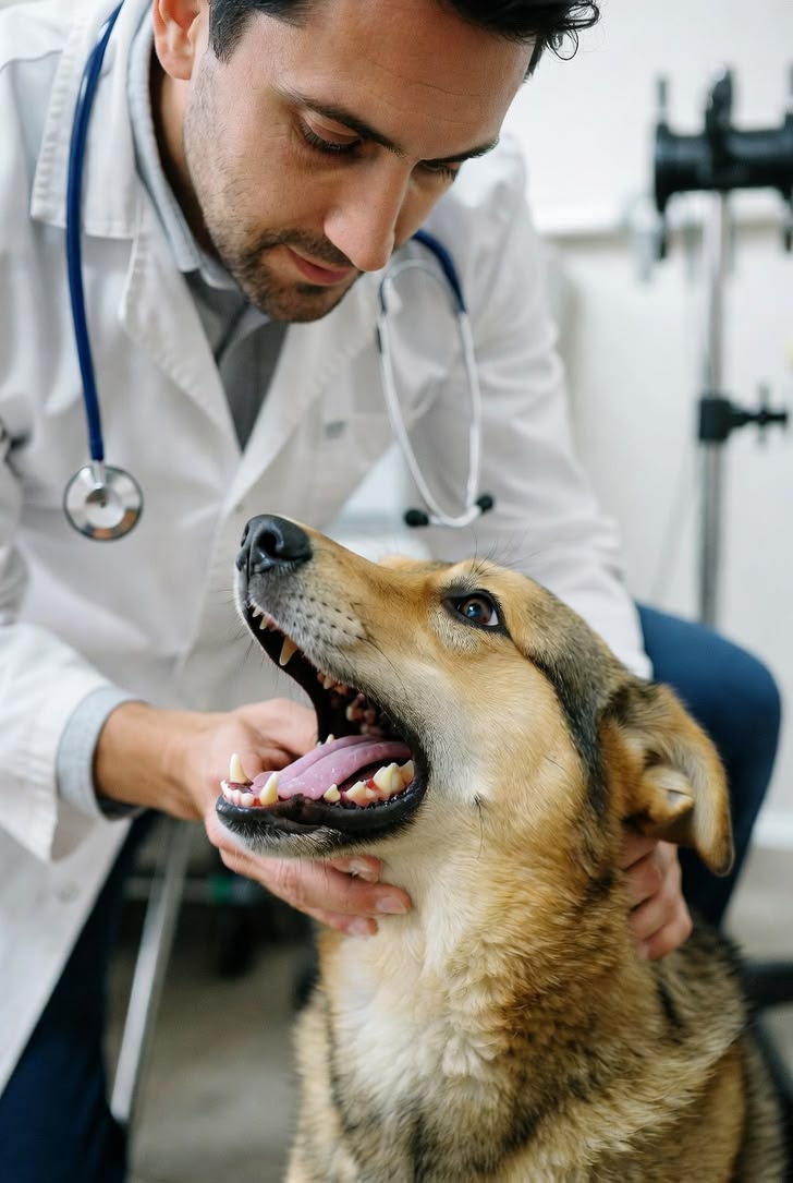 Vet examining a dog's mouth
